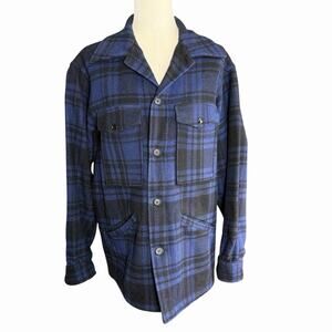 Vtg 70s PENDLETON Mackinaw Hunting Shirt Jacket Blue Wool Check Plaid Blanket S